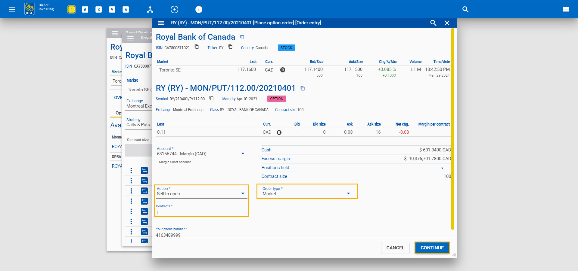 Empty fields to be filled highlighted on options order form. 